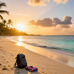 Caribbean Holidays, August Backpacking, Quiet golden beach at sunset on Tobago, with clear turquoise water, palm trees and a lone backpack beside a towel