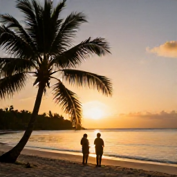 Caribbean Holidays, August Beach Holidays, A couple watching a golden sunset from a quiet Tobago beach, calm sea, silhouettes of palms and warm evening light