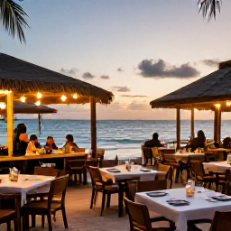 Caribbean Holidays, August Beach Holidays, A friendly outdoor restaurant near the beach in Saint Kitts at sunset, with local Caribbean food, gentle lights and a relaxed holiday atmosphere