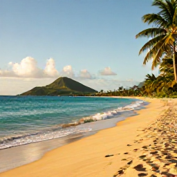 Caribbean Holidays, August Beach Holidays, A quiet golden beach on Saint Kitts with turquoise Caribbean water, palm trees and distant green hills in warm August sunshine