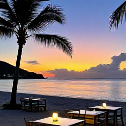 Caribbean Holidays, August Beach Holidays, A relaxed August evening at a United States Virgin Islands beach, with a colourful sunset, calm sea, palm silhouettes and outdoor dining nearby
