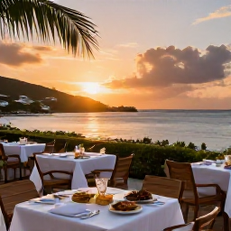 Caribbean Holidays, August Beach Holidays, A relaxed evening in Gustavia, Saint Barth&eacute;lemy, with outdoor tables, local food, harbour views and warm sunset light