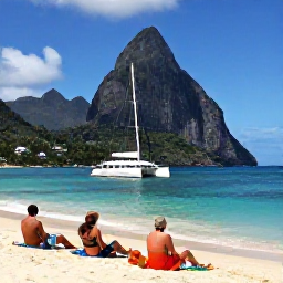 Caribbean Holidays, August Beach Holidays, A scenic coastal excursion in Saint Lucia with a catamaran sailing past the Pitons, clear water and passengers relaxing on deck