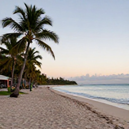 Caribbean Holidays, August Beach Holidays, A wide sandy beach in Trinidad and Tobago at sunrise, calm turquoise sea, palm trees and a relaxed holiday atmosphere