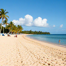 Caribbean Holidays, August Beach Holidays, A wide sandy beach on Saint Lucia with calm turquoise water, palm trees and a few relaxed holidaymakers in August sunshine