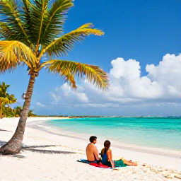 Caribbean Holidays, August Beach Holidays, Bright Caribbean beach in August with turquoise sea, white sand, palm trees and a relaxed couple enjoying the sunshine