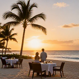 Caribbean Holidays, August Beach Holidays, Caribbean beach resort at sunset in August, with warm golden light, palm trees, outdoor dining and a couple watching the sea