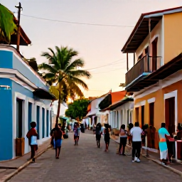 Caribbean Holidays, August Beach Holidays, Colourful Dominican Republic town street with local food, music and friendly atmosphere in warm evening light