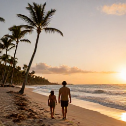 Caribbean Holidays, August Beach Holidays, Couple walking along a palm-fringed beach in Punta Cana at sunset, Dominican Republic, warm golden light and gentle waves