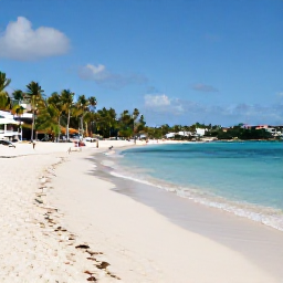 Caribbean Holidays, August Beach Holidays, Magens Bay on St Thomas in August, showing a broad crescent of pale sand, clear blue water, palm trees and a few relaxed beachgoers