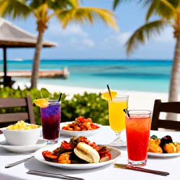 Caribbean Holidays, August Beach Holidays, Outdoor table at a relaxed Caribbean restaurant in Tortola, fresh seafood, colourful drinks and tropical surroundings