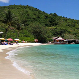 Caribbean Holidays, August Beach Holidays, Quiet Caribbean cove in August with calm clear water, colourful umbrellas, green hills and a small beachside caf&eacute;