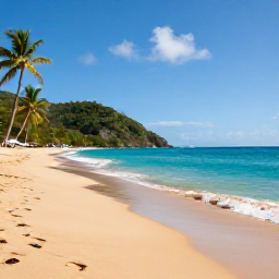 Caribbean Holidays, August Beach Holidays, Quiet golden beach on Saint Vincent and the Grenadines in August, turquoise Caribbean water, palm trees and a relaxed holiday atmosphere