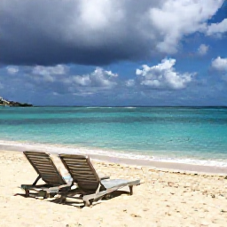 Caribbean Holidays, August Beach Holidays, Quiet tropical beach on Saint Martin with sun loungers, clear turquoise water and scattered clouds after a brief rain shower