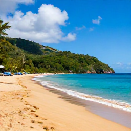 Caribbean Holidays, August Beach Holidays, Reduit Beach in Saint Lucia with golden sand, clear blue water, sun loungers and green hills in the background