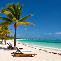 Caribbean Holidays, August Beach Holidays, Relaxed beach holiday scene in the Dominican Republic with sun loungers, palm trees, turquoise sea and clear blue sky