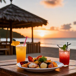 Caribbean Holidays, August Beach Holidays, Relaxed beachside restaurant at sunset in Saint Vincent and the Grenadines, fresh seafood, tropical drinks and warm evening light
