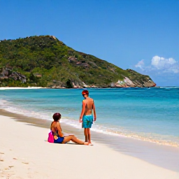 Caribbean Holidays, August Beach Holidays, Relaxed couple on a sandy Caribbean beach at Grand Case with calm blue sea and green hills in the background