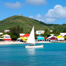 Caribbean Holidays, August Beach Holidays, Small sailing boat approaching Bequia harbour in August, colourful waterfront buildings, green hills and calm Caribbean sea