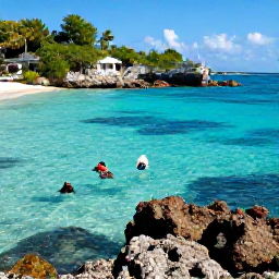 Caribbean Holidays, August Beach Holidays, Snorkellers exploring clear shallow water beside a tropical beach in Virgin Gorda, colourful fish and rocky coastline