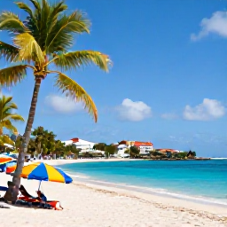 Caribbean Holidays, August Beach Holidays, Sunny Caribbean beach with turquoise water, palm trees and colourful beach umbrellas on Saint Martin