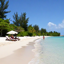Caribbean Holidays, August Beach Holidays, Travellers relaxing on a calm sandy beach in Saint Kitts, with sun loungers, clear shallow water and lush tropical vegetation