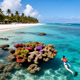 Caribbean Holidays, August Beach Holidays, Travellers snorkelling over a colourful Caribbean reef in clear shallow water, with a sandy beach and palm trees nearby