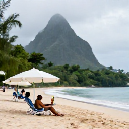 Caribbean Holidays, August Beach Holidays, Visitors enjoying a quiet Saint Lucia beach with umbrellas, a tropical drink and lush green scenery after a brief rain shower
