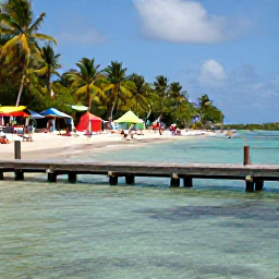 Caribbean Holidays, August Beach Holidays, Visitors relaxing on Pigeon Point beach in Tobago, clear blue water, wooden jetty, palm trees and colourful beach facilities