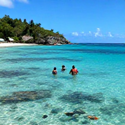 Caribbean Holidays, August Beach Holidays, Visitors snorkelling in clear turquoise water beside a tropical reef in the United States Virgin Islands, with colourful fish and a sandy beach nearby