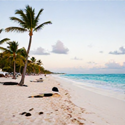 Caribbean Holidays, August Beach Holidays, Wide white-sand beach in Punta Cana, Dominican Republic, calm turquoise Caribbean sea, palm trees and soft August sunlight