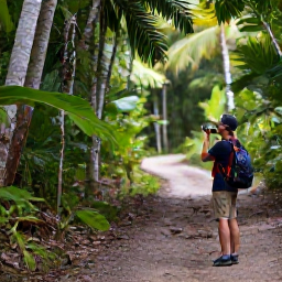 Caribbean Holidays, August Birdwatching, A birdwatcher quietly observing tropical birds beside a forest trail in the Dominican Republic during August