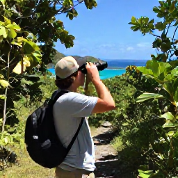 Caribbean Holidays, August Birdwatching, A birdwatcher with binoculars on a shaded nature trail in the British Virgin Islands, surrounded by tropical vegetation and distant blue sea