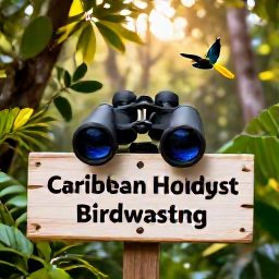 Caribbean Holidays, August Birdwatching, A colourful Caribbean forest at dawn in August, with binoculars resting on a wooden trail marker and small tropical birds among the leaves