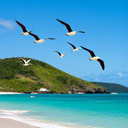 Caribbean Holidays, August Birdwatching, A colourful Caribbean island shoreline in August, with seabirds flying above turquoise water, green hills and small boats