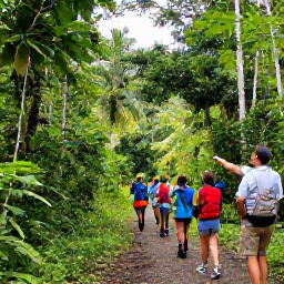 Caribbean Holidays, August Birdwatching, A guided birdwatching group walking through lush Caribbean rainforest, with a local expert pointing towards birds in the canopy