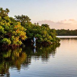Caribbean Holidays, August Birdwatching, A peaceful Caribbean wetland and mangrove shoreline at sunrise, with a birder using binoculars beside calm water