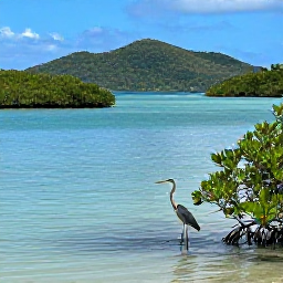 Caribbean Holidays, August Birdwatching, A peaceful mangrove lagoon in the British Virgin Islands with a heron at the water&rsquo;s edge and tropical islands in the background