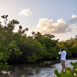 Caribbean Holidays, August Birdwatching, A quiet mangrove wetland in Turks and Caicos with a birdwatcher using binoculars at sunrise