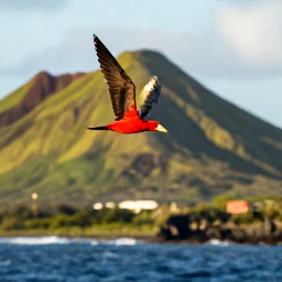 Caribbean Holidays, August Birdwatching, A red-billed tropicbird flying above Montserrat's green volcanic hills and blue Caribbean coastline in warm August light