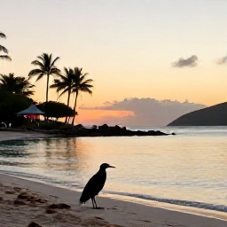 Caribbean Holidays, August Birdwatching, A relaxed evening on a British Virgin Islands beach after a day of birdwatching, with calm sea, palm trees and warm sunset light