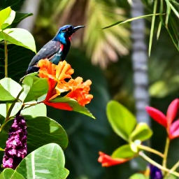 Caribbean Holidays, August Birdwatching, A shaded Caribbean garden in August with a small colourful bird feeding among tropical flowers, palms and flowering shrubs
