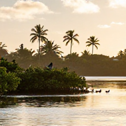 Caribbean Holidays, August Birdwatching, Birdwatcher beside a calm Antigua wetland at sunrise, spotting tropical birds among mangroves and palms
