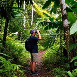 Caribbean Holidays, August Birdwatching, Birdwatcher using binoculars on a forest trail in Trinidad, surrounded by lush tropical vegetation