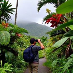 Caribbean Holidays, August Birdwatching, Birdwatcher using binoculars on a rainforest path in Saint Vincent, surrounded by tropical plants and misty green hills