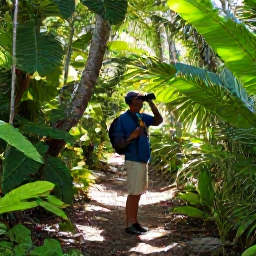 Caribbean Holidays, August Birdwatching, Birdwatcher using binoculars on a shaded trail through tropical woodland on St John, United States Virgin Islands