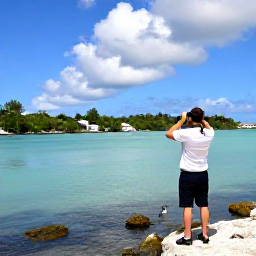 Caribbean Holidays, August Birdwatching, Birdwatcher with binoculars beside a tropical lagoon on Saint Martin in August, Caribbean scenery