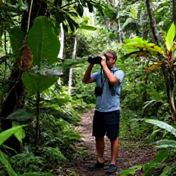 Caribbean Holidays, August Birdwatching, Birdwatcher with binoculars on a rainforest trail in Saint Lucia, surrounded by lush tropical vegetation