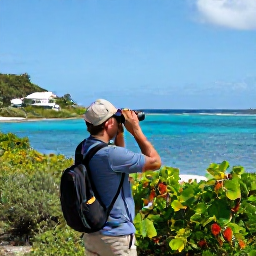Caribbean Holidays, August Birdwatching, Birdwatcher with binoculars overlooking a quiet tropical bay and coastal scrub on Saint Barth&eacute;lemy in August