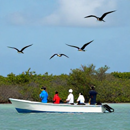 Caribbean Holidays, August Birdwatching, Birdwatchers exploring Barbuda&rsquo;s Frigate Bird Sanctuary by boat, with frigatebirds circling above mangroves and turquoise water